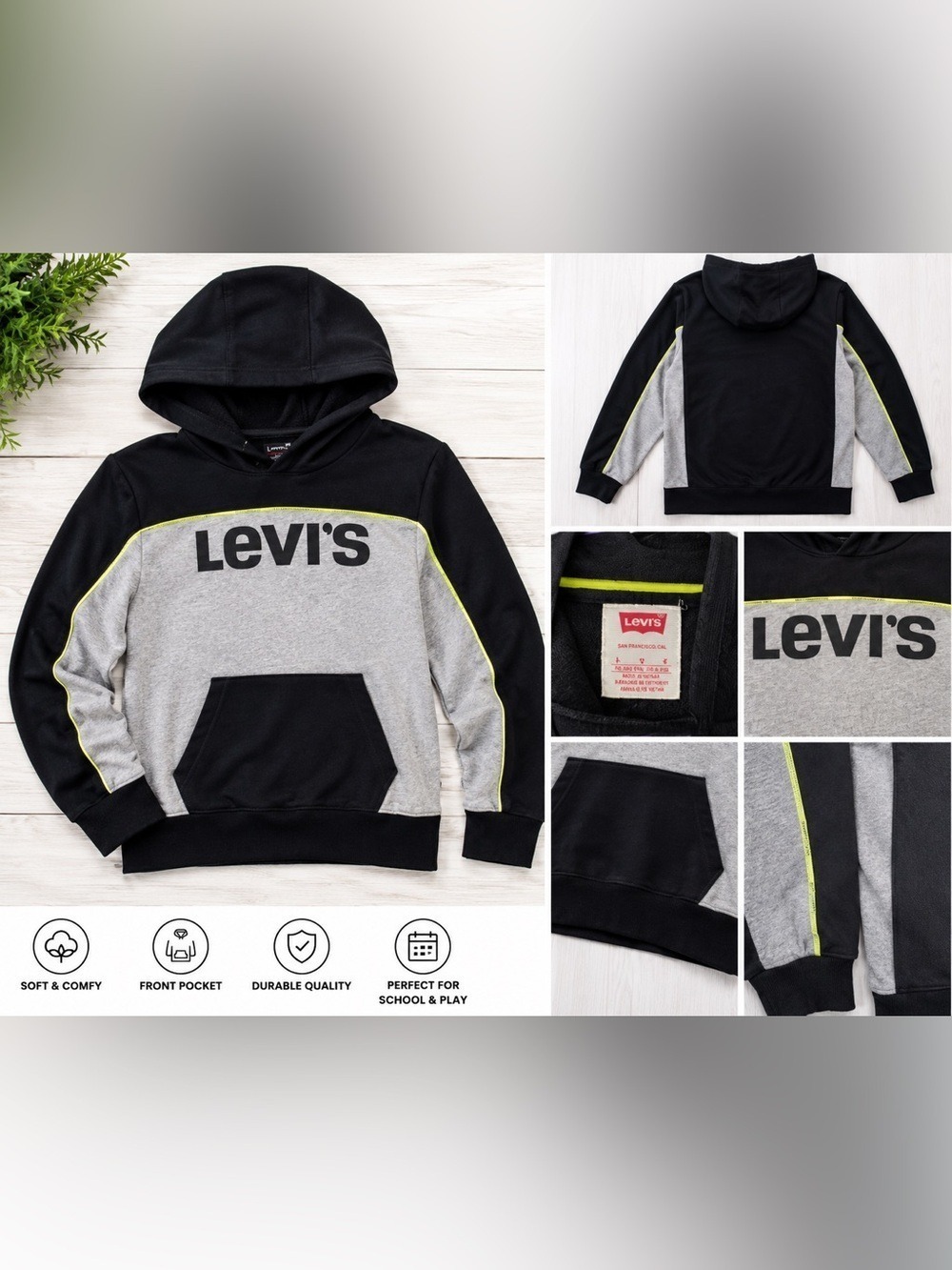 Levi’s Boys Colorblock Hoodie Black Gray Neon Yellow Size Large 12/13